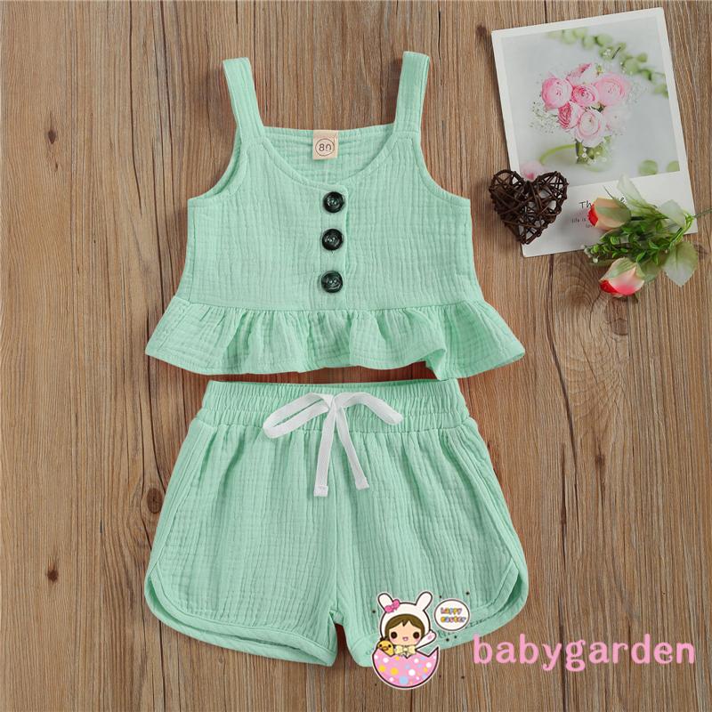 Bộ Áo Trễ Vai Màu Trơn + Quần Short Cho Bé Gái