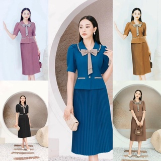 Set váy công sở thiết kế xếp ly áo cài nơ