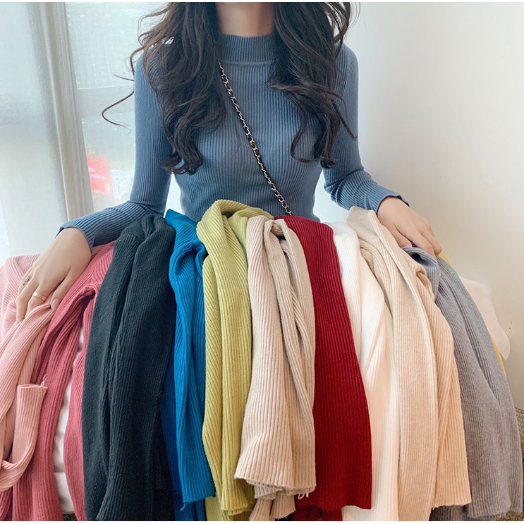 Áo sweater tay dài cổ cao ôm dáng trẻ trung thời trang dành cho nữ