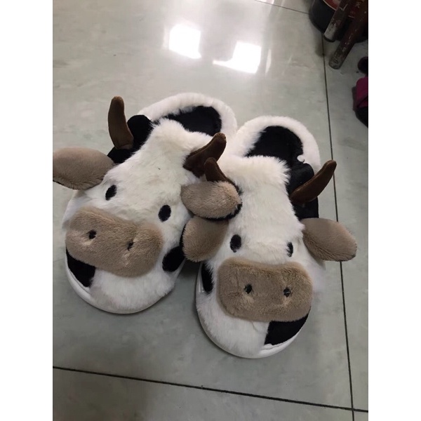 Dép bông mẫu bò đi trong nhà giữ ấm chống trơn kèm ảnh thật