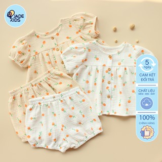 Đồ bộ cho bé gái JADEKIDS | Đồ bộ bé gái chất xô muslin nhật thoáng êm mềm mát nhẹ họa tiết cam xinh yêu cho bé