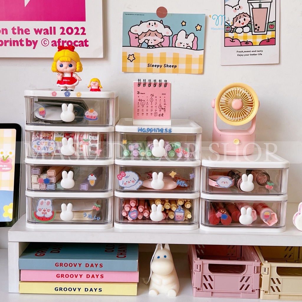 🌈 Kệ để bàn có ngăn kéo decor hình bé thỏ phong cách Hàn Quốc