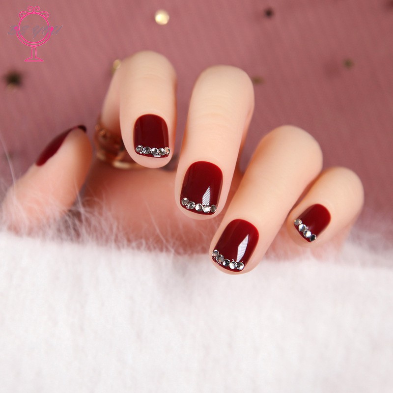 24pcs Detachable Wearable Fake Nails press on autumn and winter wine red color with  diamond factory direct