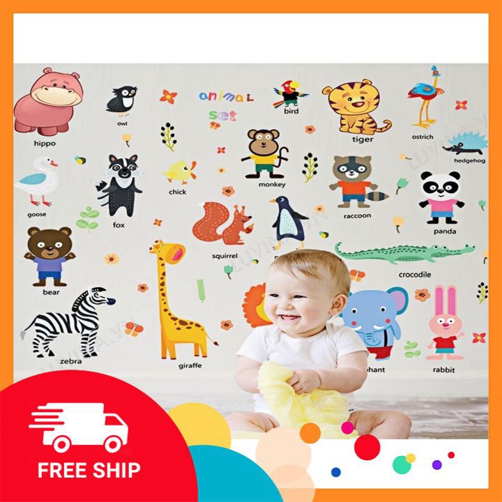Decal dán tường ⚡FREE SHIP⚡ Tranh dán tường hình vườn thú tiếng anh giúp bé học ngoại ngữ vui và tốt hơn