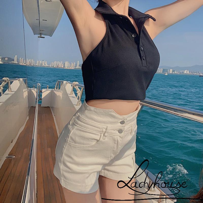 Áo Crop Top Hai Dây Cổ Yếm Cài Nút Màu Trơn Thời Trang Mùa Hè Cho Nữ