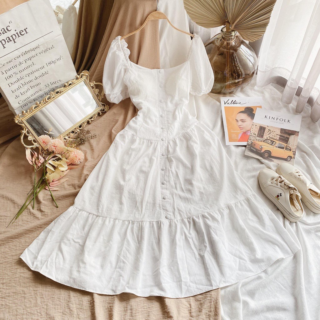 [Mã SKAMA06 giảm 8% tối đa 50K đơn 250K] ĐẦM MIDI TRẮNG CỔ VUÔNG NÚT BỌC TAY PHỒNG ĐUÔI CÁ | BigBuy360 - bigbuy360.vn