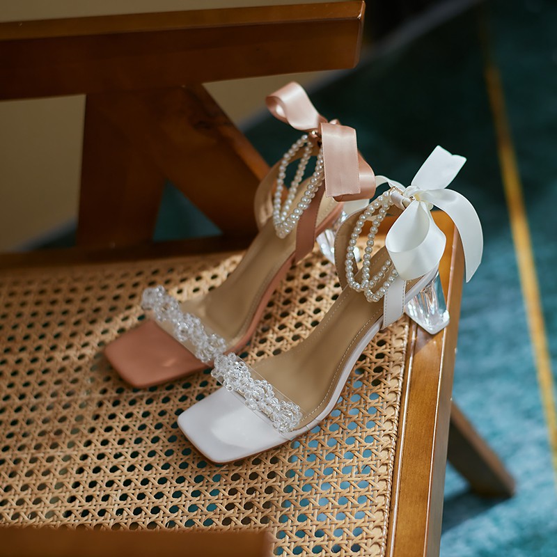 Sandal Cao Gót 5 Phân Đính Nơ Buộc Dây Mũi Vuông