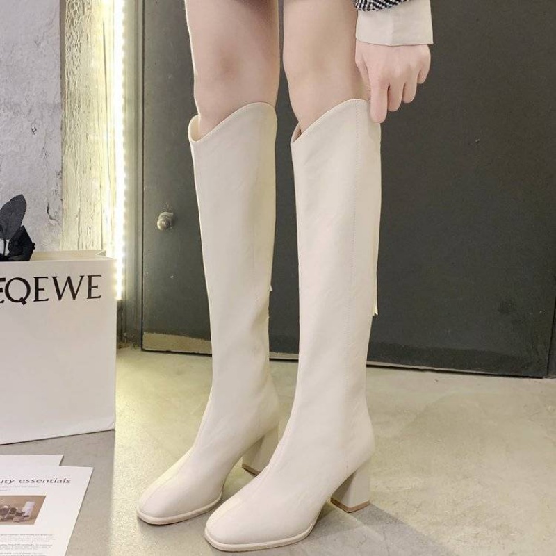 Knight boots for children2021New Internet Celebrity Soft Leather White Autumn and Winter below the Knee plus Velvet High Boots