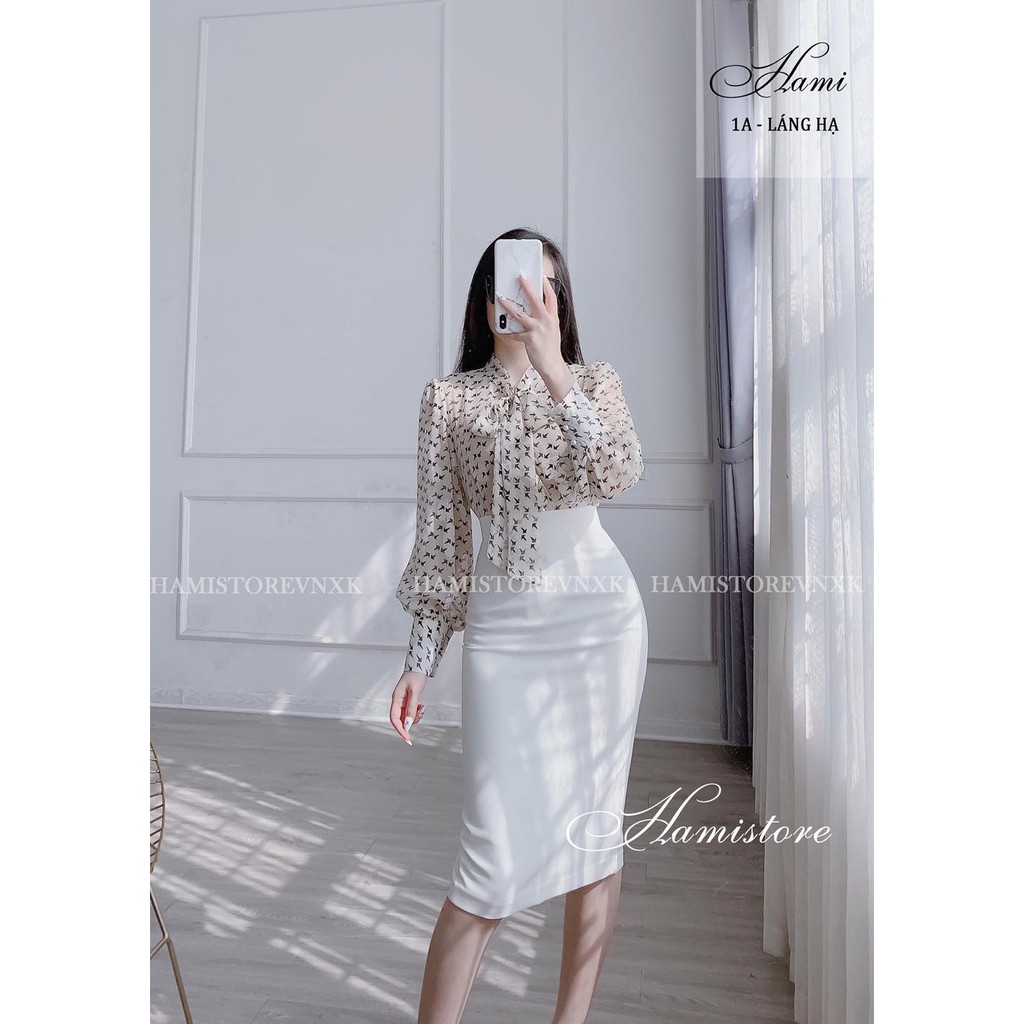 Set áo sơ mi cổ nơ họa tiết + chân váy bút chì Hamistore A400+CV200