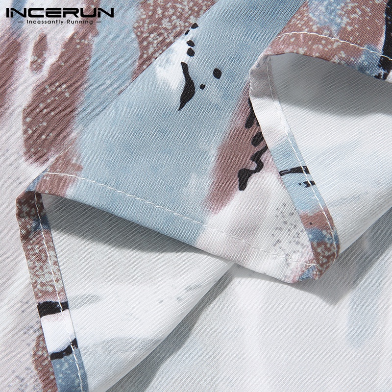 Áo sơ mi INCERUN cổ bẻ tay lỡ in họa tiết phong cách cổ điển cho nam