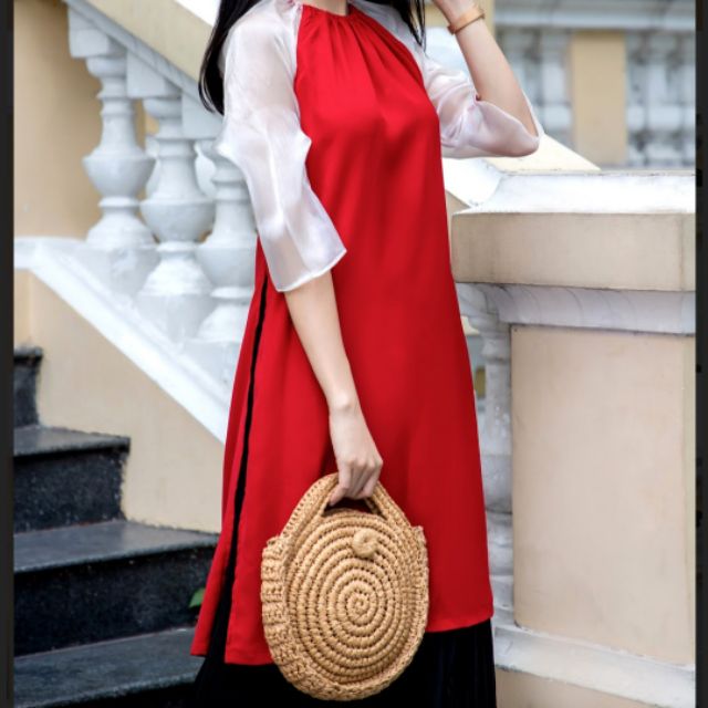 SET ÁO DÀI YẾM ĐỎ CHÂN VÁY DẬP LY