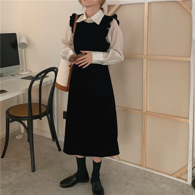 Set Áo Tay Dài Xuyên Thấu + Chân Váy Nhung Màu Trơn Thời Trang 39601 Cho Nữ