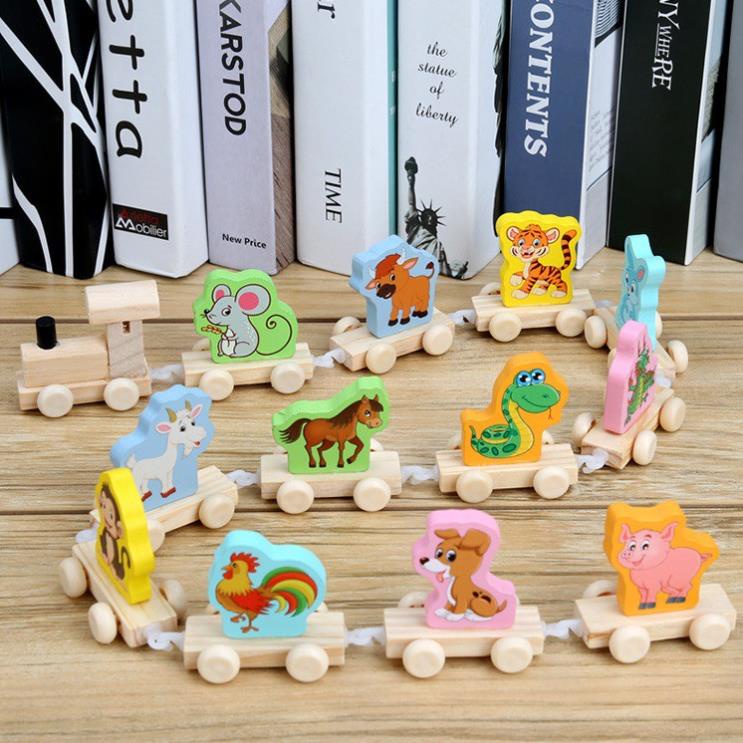 Đoàn tàu chở hình khối, số, chữ cái, 12 con giáp Đồ chơi giáo dục phát triển trí tuệ bằng gỗ cho bé