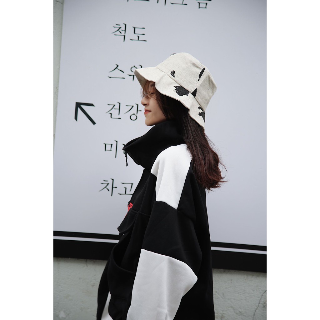 Nón Tai Bèo Vải Lanh Cotton Họa Tiết Mèo Dễ Thương Phong Cách Nhật Bản