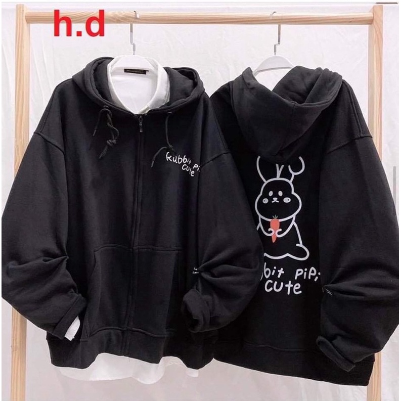 Áo khoác hoodie dây kéo chun tay Thỏ Ra Bit Ulzzang🌵Hodie nữ form rộng dài vải nỉ cotton giá rẻ không xù lông