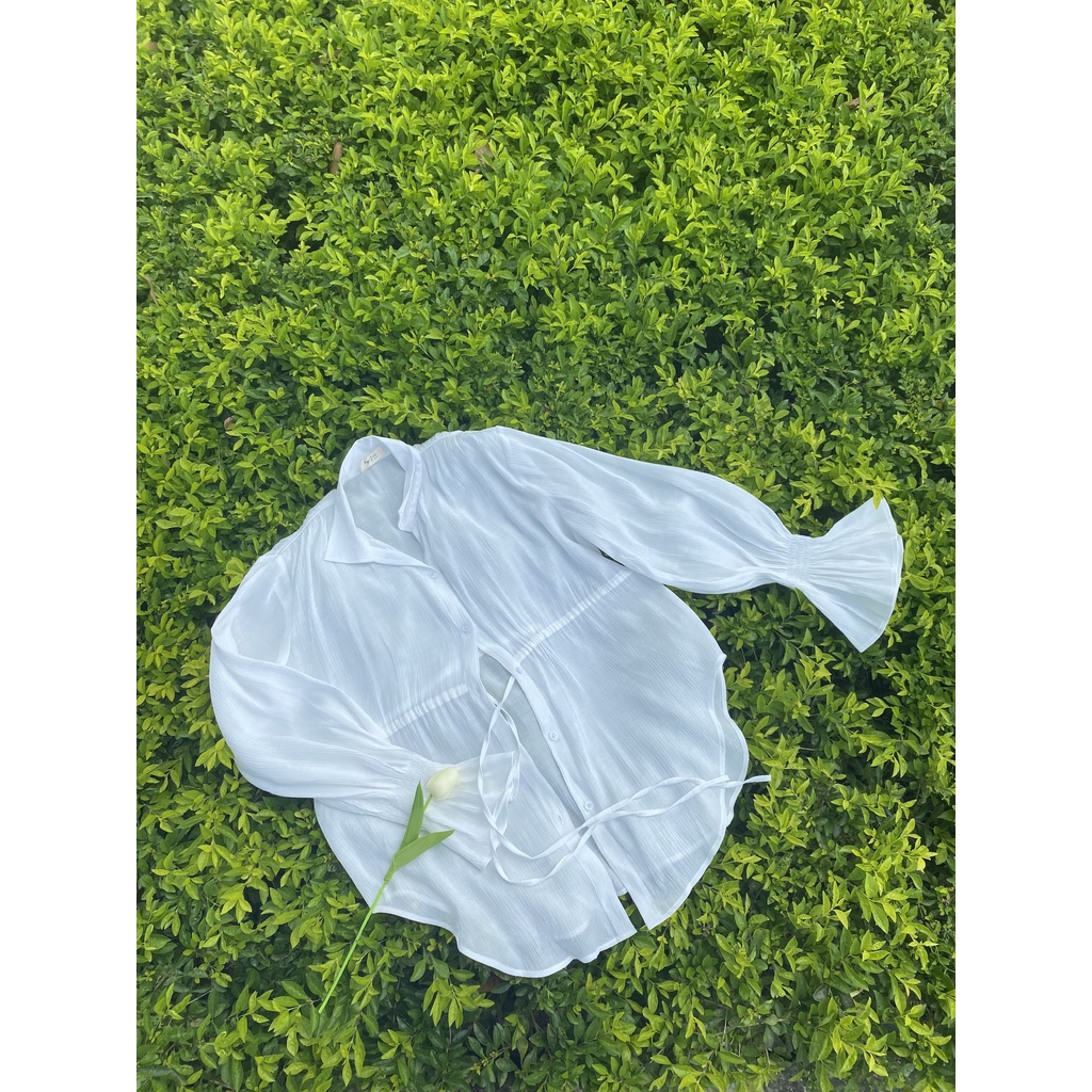 Áo sơmi tay phồng bèo dún vải tơ
