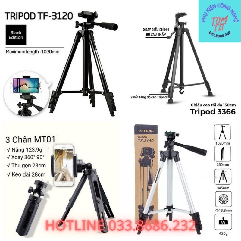 Gậy 3 chân chụp hình Tripod TF - 3110, 3120. Gậy Tripod chụp ảnh livetream, Chân đế điện thoại quay tiktok