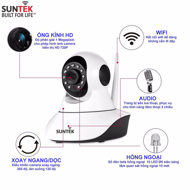 Camera Giám Sát và Báo Động IP Wi-Fi SUNTEK 1.0 - Hàng Chính Hãng - Bảo hành 1 năm