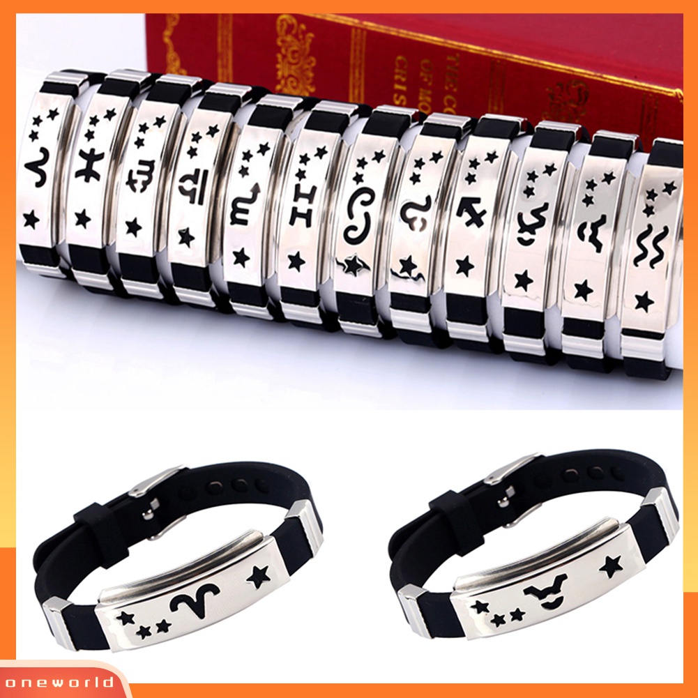 Vòng tay bằng silicone phối mặt kim loại khắc hình 12 cung hoàng đạo đầy độc đáo