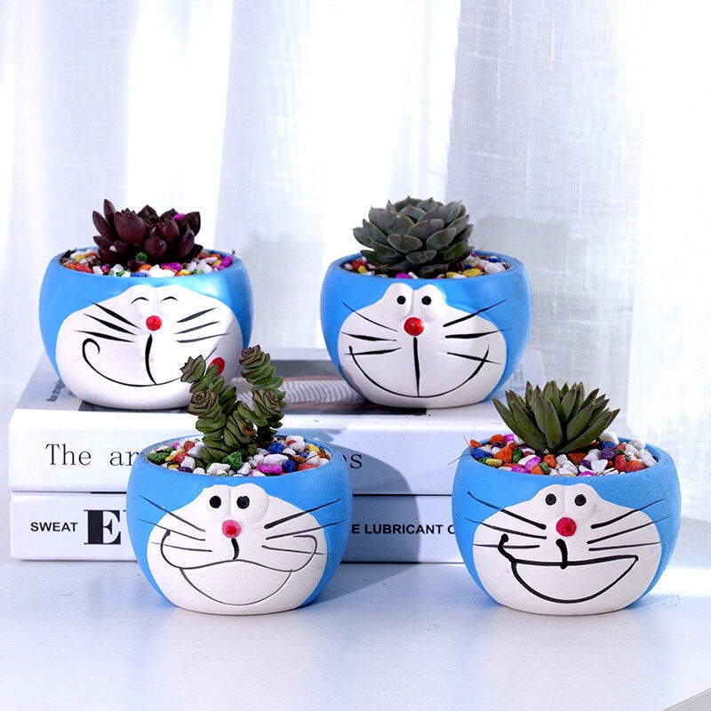 Chậu Hoa Mọng Nước Gốm Sứ Doraemon Thoáng Khí, Tặng kèm khay đựng