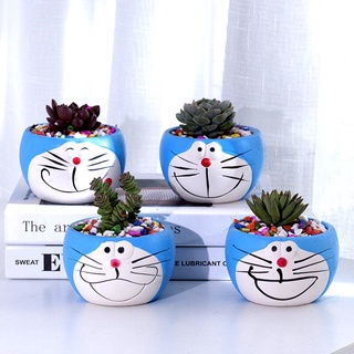Chậu Hoa Mọng Nước Gốm Sứ Doraemon Thoáng Khí, Tặng kèm khay đựng