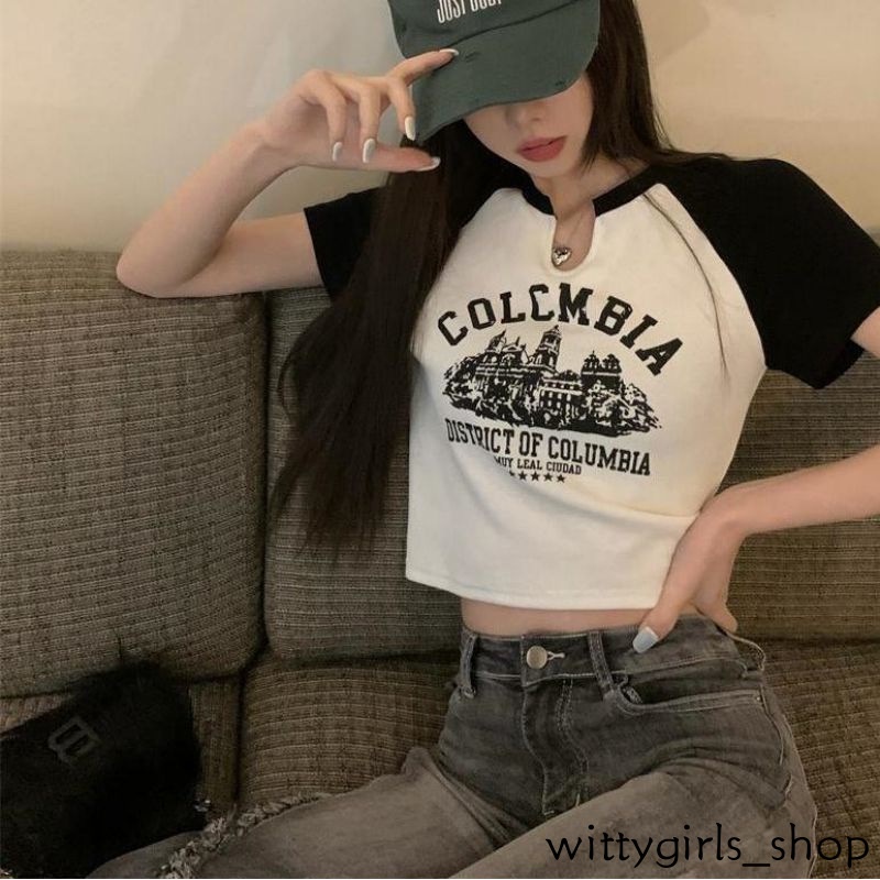 Wittygirls-áo Thun Ngắn Tay Thời Trang Mùa Hè Màu Trơn Phong Cách Mỹ Ngọt Ngào