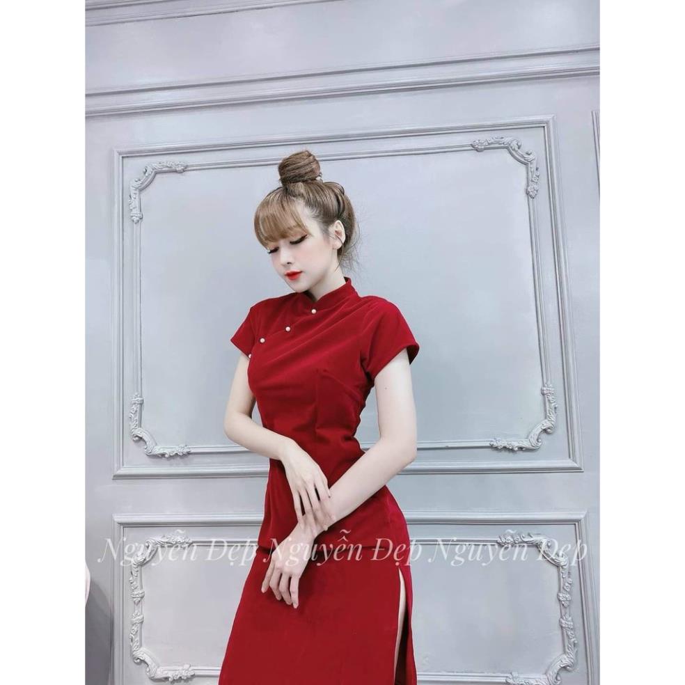 TTO Áo dài cách tân trung hoa nữ màu đỏ kiểu sườn xám cổ tàu đầm dáng ôm tết du xuân chụp hình sống ảo