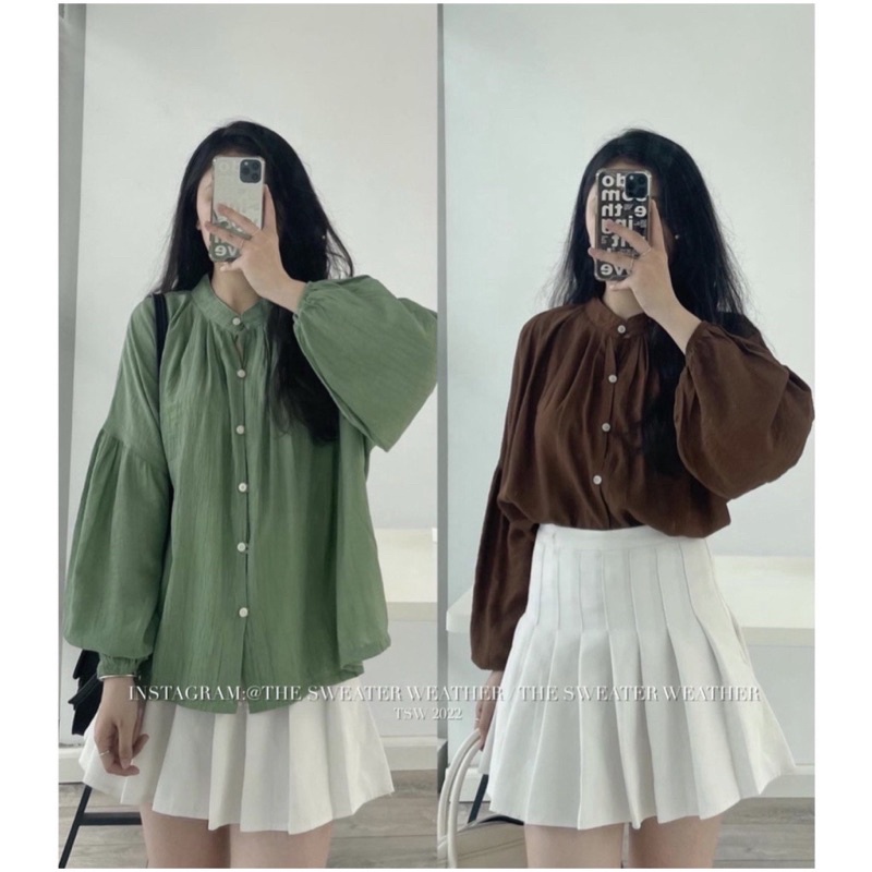 Sơmi tơ nhăn tay bồng nhẹ nhàng
