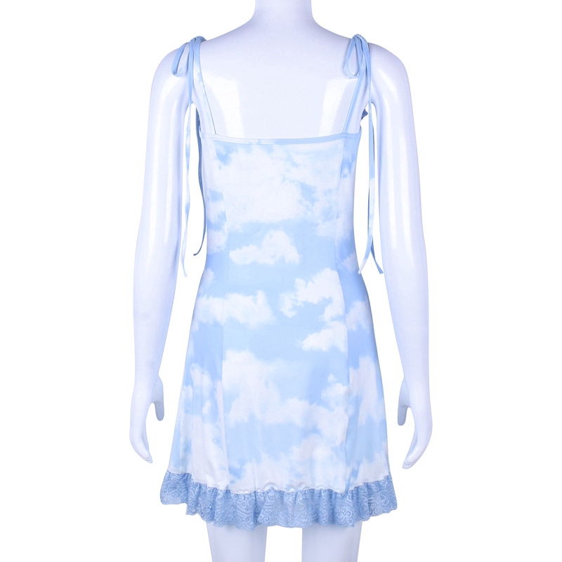 Fashion Women Sling Cloud Print Lace Off Shoulder Sleeveless Casual Midi Dress
