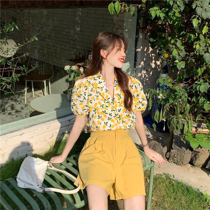 Set áo sơ mi tay ngắn họa tiết hoa xinh + quần đùi lưng cao giản đơn duyên dáng cho nữ (có bán lẻ áo sơ mi / quần đùi)