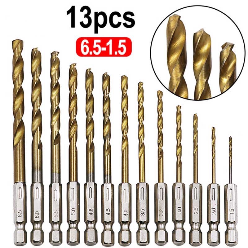 13 Mũi khoan HSS chân lục giác đầu xoắn cỡ 1.5-6.5mm đa dụng