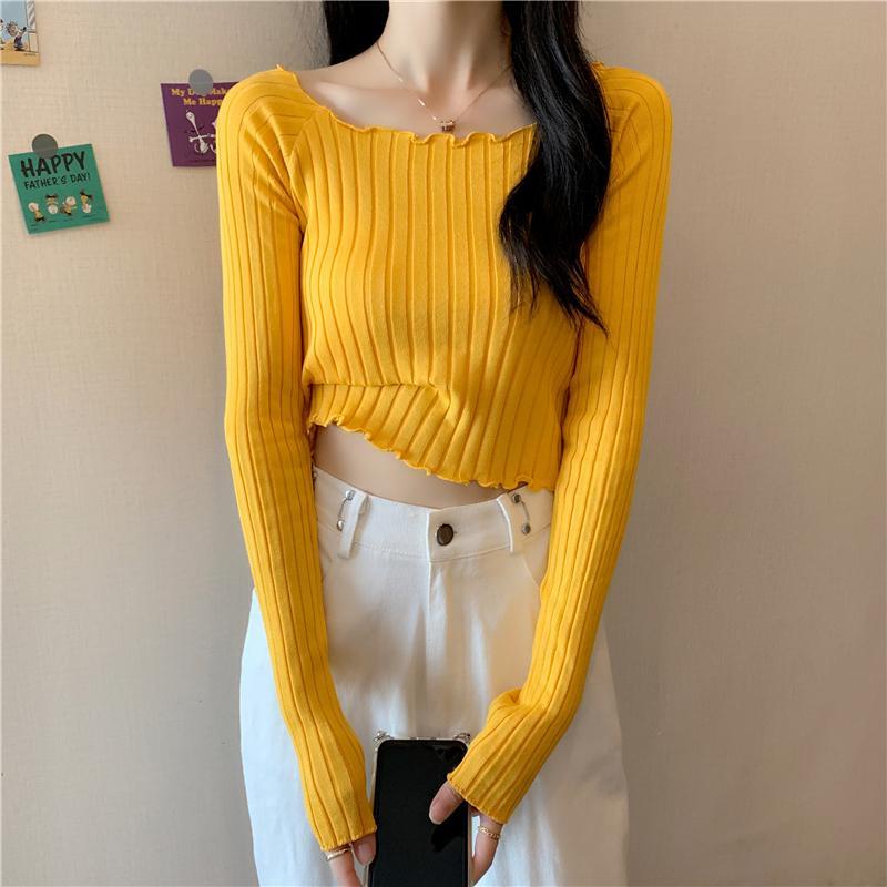 Áo Sweater Dệt Kim Tay Dài Dáng Ngắn Màu Sắc Xinh Xắn Cho Nữ