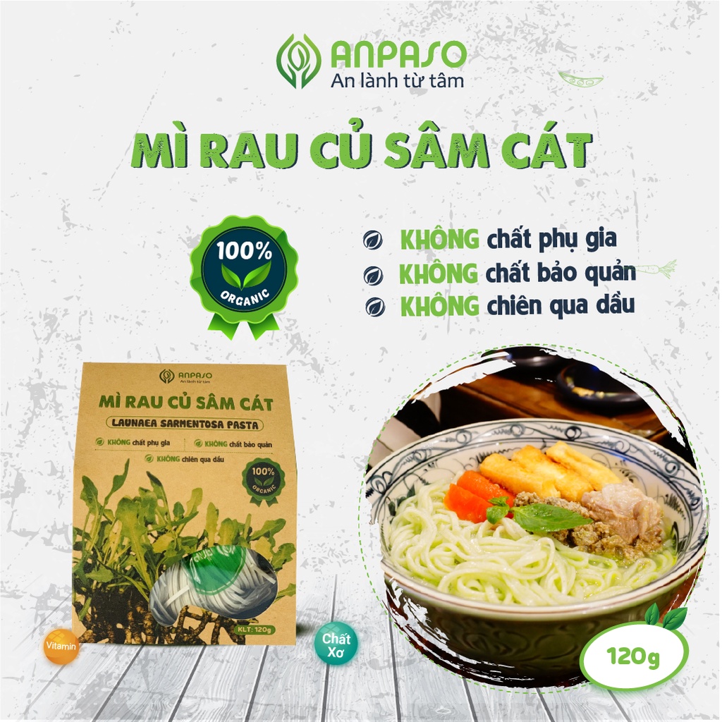 Mì Hữu Cơ Giảm Cân Organic Rau Củ Sâm Cát  Anpaso, Eat clean, ăn chay, không chiên nóng 120gr &amp; 300g