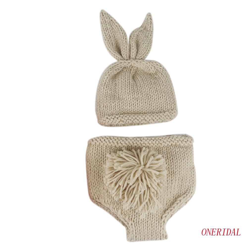 Set Đồ Chụp Ảnh Gồm Mũ Len Thoáng Khí Đính Tai Thỏ + Quần Ngắn Cho Bé Sơ Sinh
