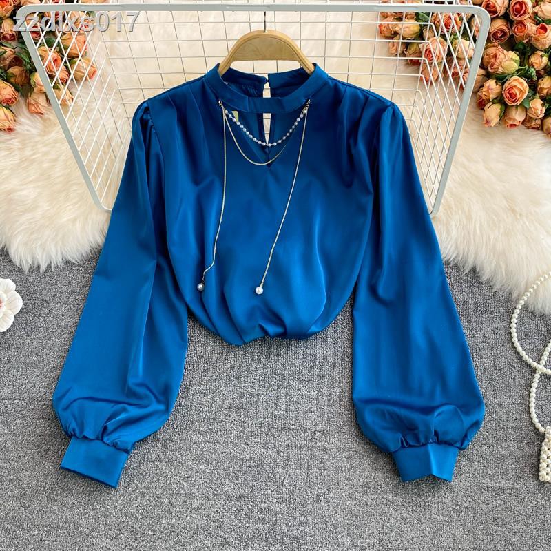 ☾┋Mùa thu 2021 phụ nữ Hàn Quốc dài tay áo sơ mi rộng rãi rèn khuôn mặt khí chất cao cấp CV chuyên nghiệp cổ đứng lên áo sơ mi rỗng
