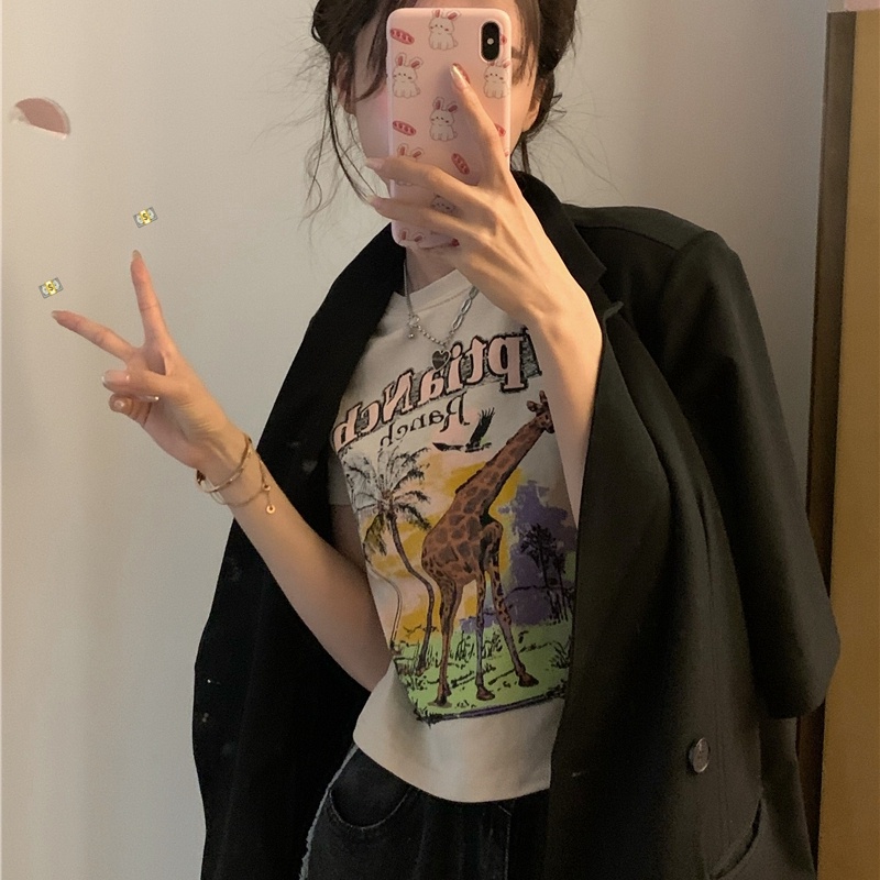 SUXI Áo Thun Tay Ngắn Cổ Tròn Dáng Ôm In Họa Tiết Vintage Thời Trang Mùa Hè Cho Nữ