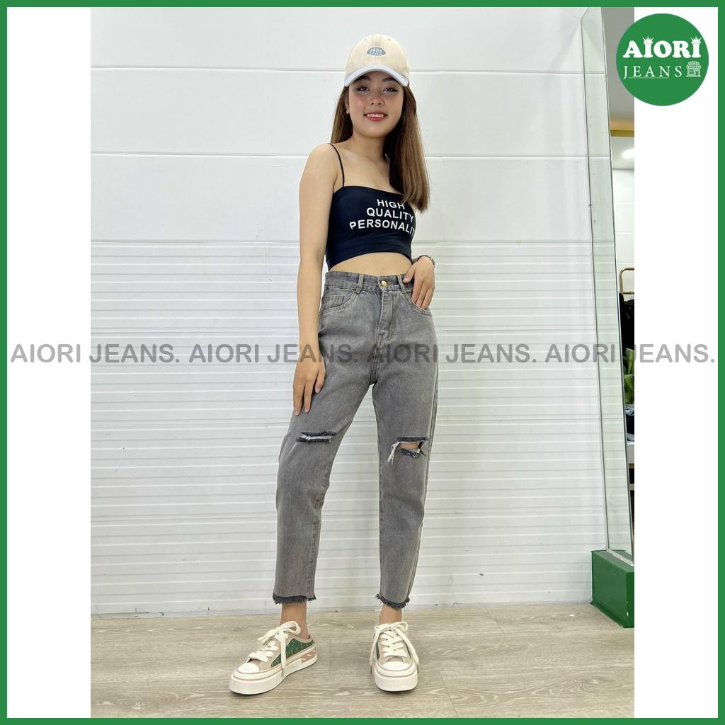 Quần Baggy Aiori Xám Lai Tua Lưng Cao Trơn ,Rách Ngang Gối Phong Cách Thời Trang Mã B025
