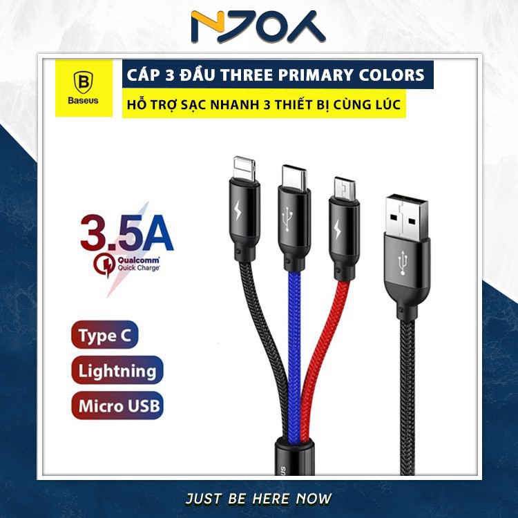 Cáp Sạc 3 Đầu BASEUS Three Primary Colors Hỗ Trợ Sạc Nhanh 3 Cổng Iphone Lightning Type C Micro Usb Chất Liệu Dây Dù