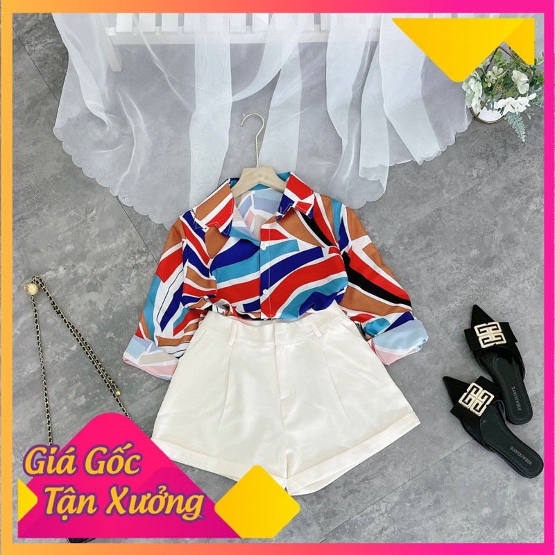 Sét Áo Sơ Mi Phối Màu Mix Quần Sooc Đùi Lật [ 𝐅𝐑𝐄𝐄 𝐒𝐇𝐈𝐏 ]  Gấu Cực Sịn Chất Lụa Đũi Mềm Sooc Kaki Giãn Mềm