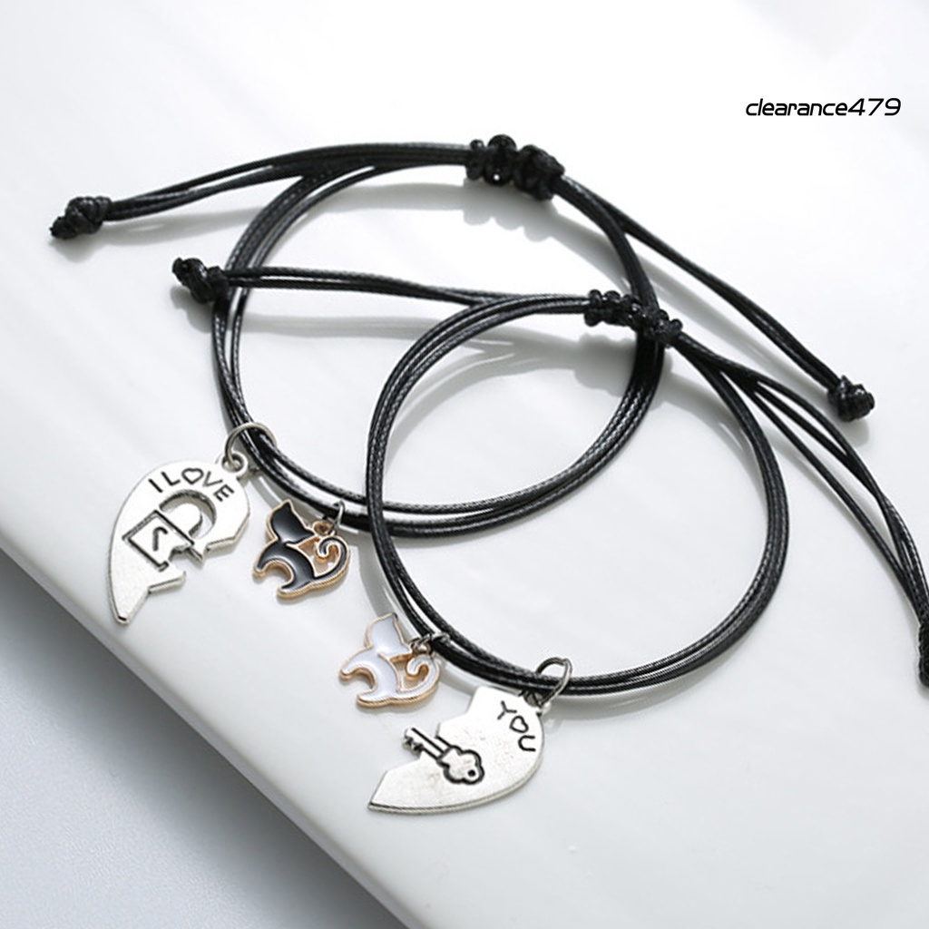 Set 2 Vòng Tay Bện Dây Mặt Hình Mèo / Trái Tim Dễ Thương Có Thể 