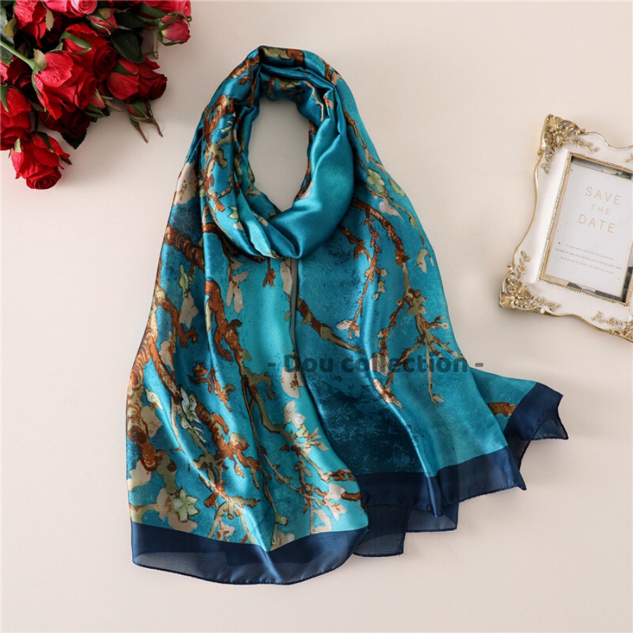 [Nowship2h] Khăn Choàng Quàng Cổ Lụa Cao Cấp Họa Tiết Hoa Du Lịch Mùa Hè Đi Biển - Chất Liệu Silk - 90x190cm - Mã KS005