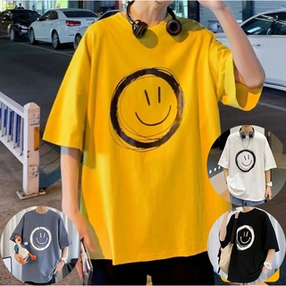 Áo thun tay ngắn cổ tròn dáng rộng in hình mặt cười kiểu Hong Kong mới cho nam 2021