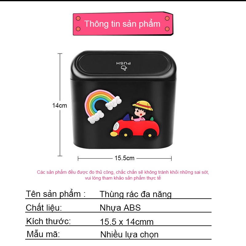 Thùng rác mini treo bên hông cửa ô tô INS019, hộp đựng đồ bên hông xe hơi hoạt hình dễ thương, nhựa ABS chắc chắn