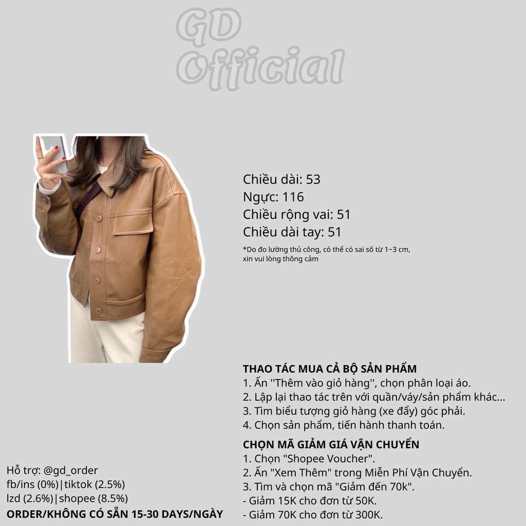 K9|Áo khoác da PU nữ hàn quốc croptop retro ngắn, dài tay có túi đi làm, đi học gd_order