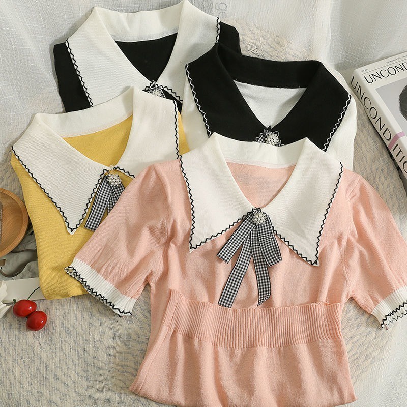 Áo thun polo ZHELIHANGFEI dệt kim tay ngắn thắt nơ đính hạt dễ thương