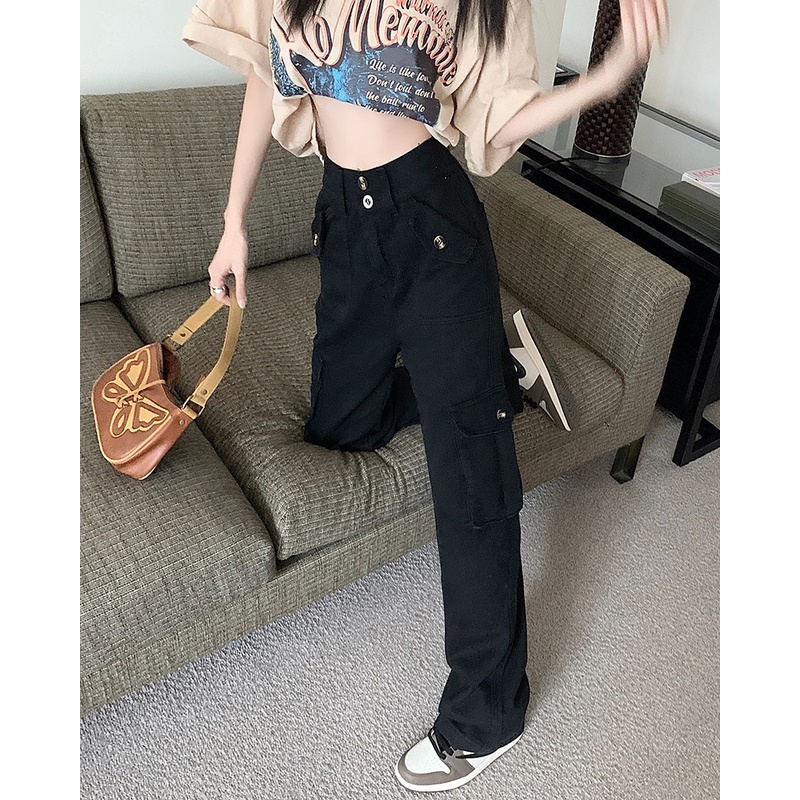 Quần dài XIAOZHAINV lưng cao ống rộng phối túi với 3 màu thời trang retro cho nữ tùy chọn