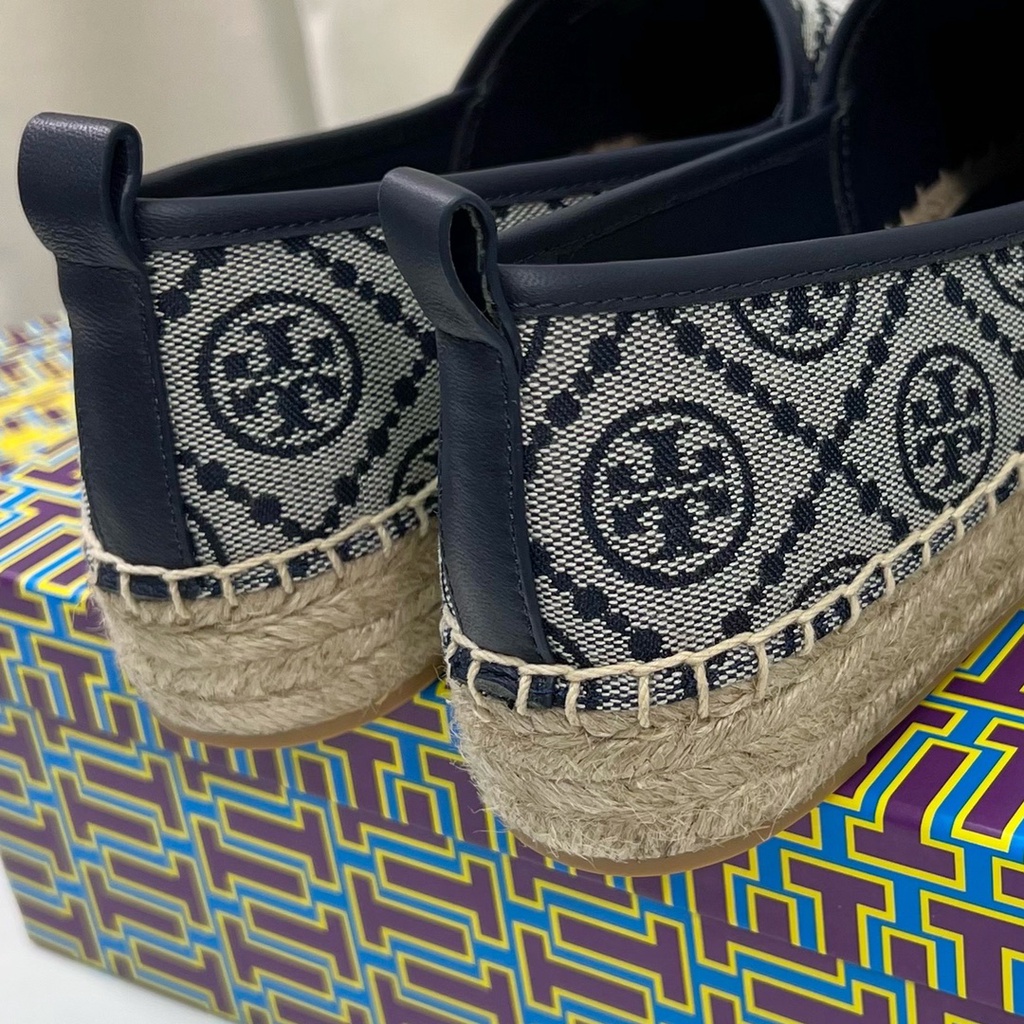 Giày đế cói nữ da thật thời trang cao cấp Tory Burch TB thiết kế thêu họa tiết logo