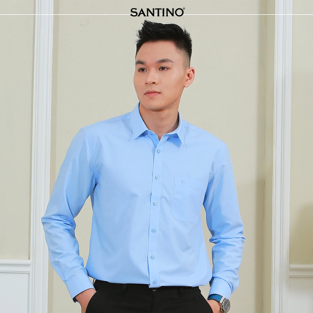 Áo sơ mi dài tay nam Sợi Tre SANTINO màu xanh, form ôm nhẹ sang trọng lịch lãm, thoáng mát chống nhăn - M108