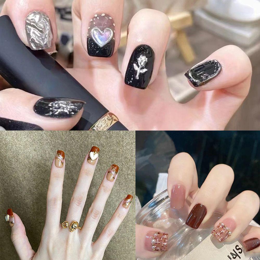 Bộ 24 Móng Tay Giả Hình Vuông Họa Tiết Hoa Hồng / Trái Tim / Hoa Hồng Màu Nâu / Đen Xinh Xắn