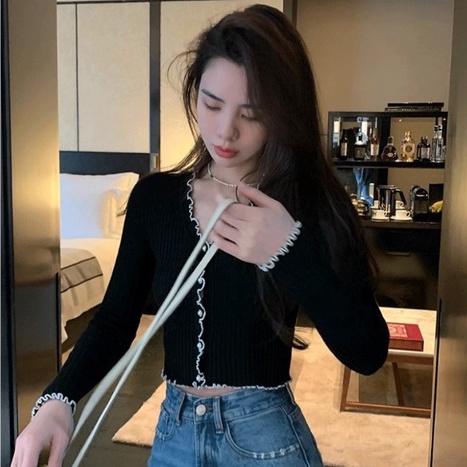 Áo kiểu ZHELIHANGFEI vải dệt kim tay dài cổ chữ V lưng cao kiểu dáng quyến rũ